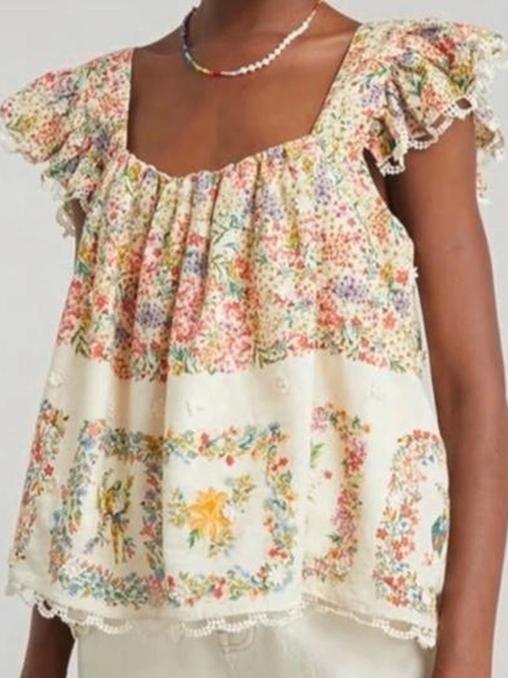 FARM Rio White Floral Ruffle Sleeve Top